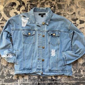 Forever 21 Denim Jacket Womens Large Blue Distressed Oversized Pockets Casual